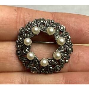 Sterling Marcasite And Faux Pearl Wreath Brooch Pin